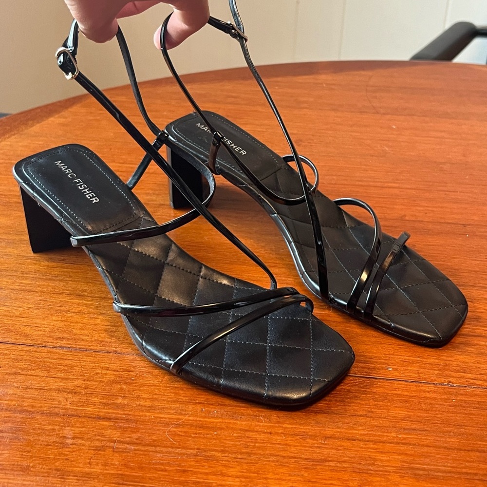 Black faux Marc Fisher black square toe strappy hamora sandal heels